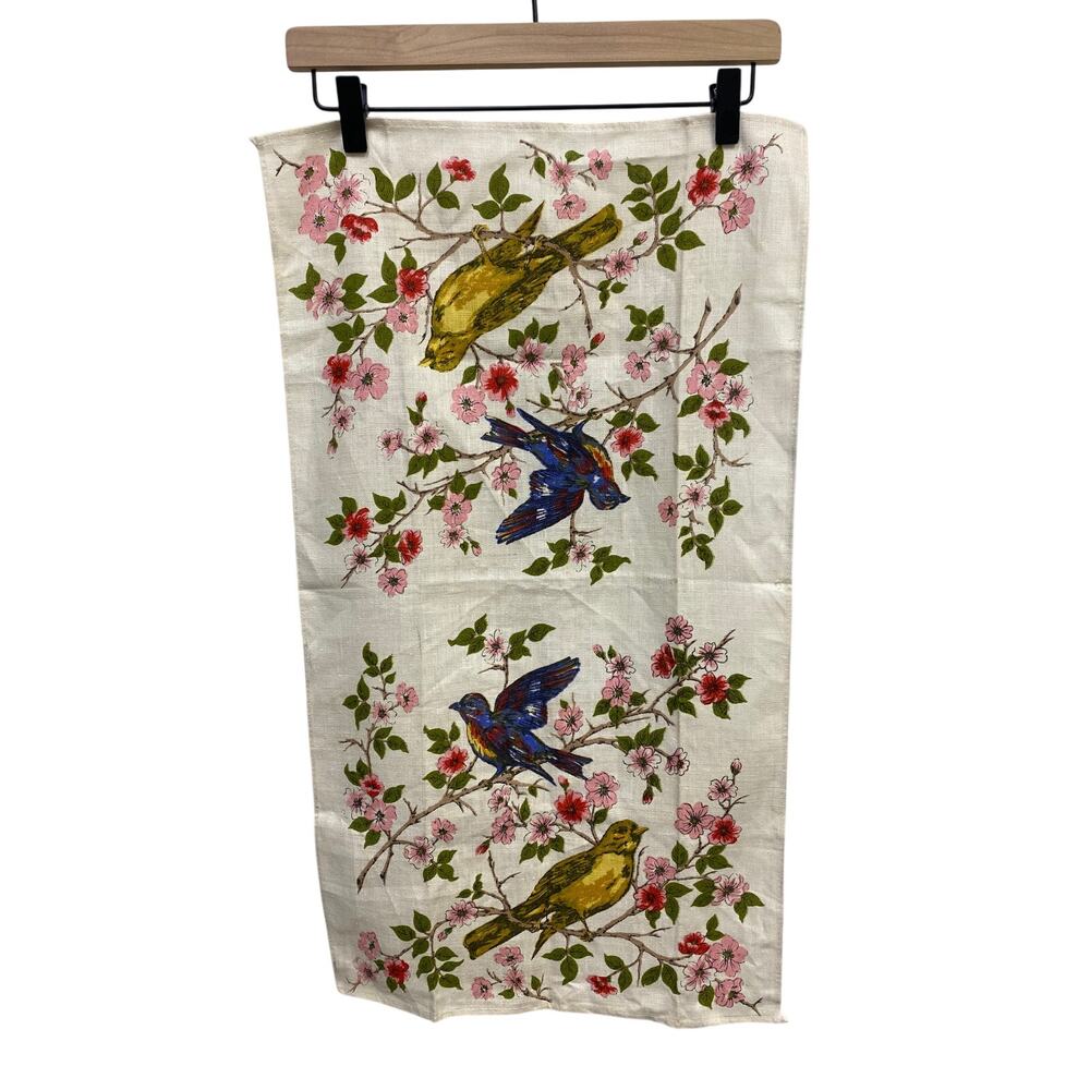 Vintage Parisian Birds & Cherry Blossom Linen Tea Towel